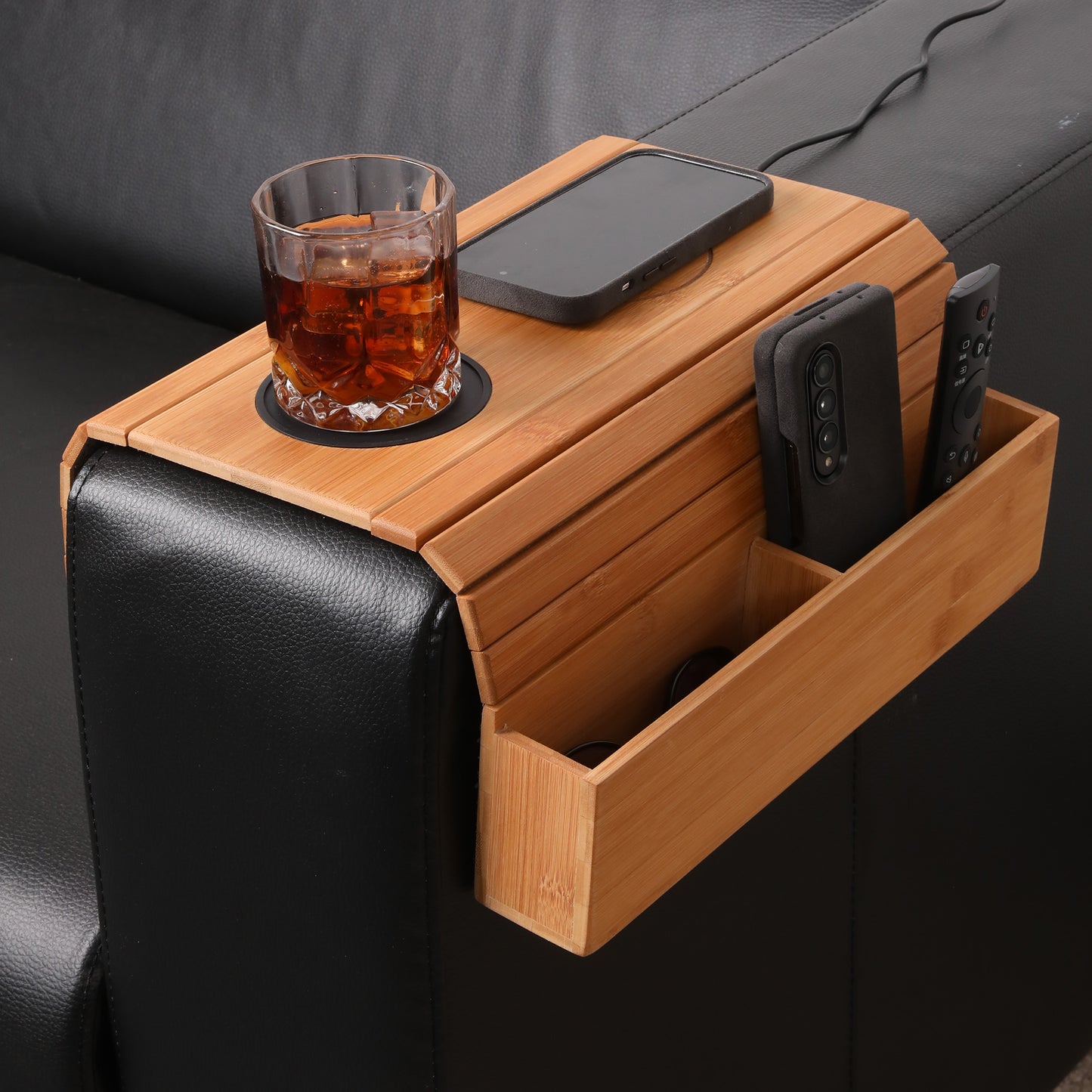 Bamboo Sofa Armrest Tray with Wireless Charging and Non-Slip Coaster