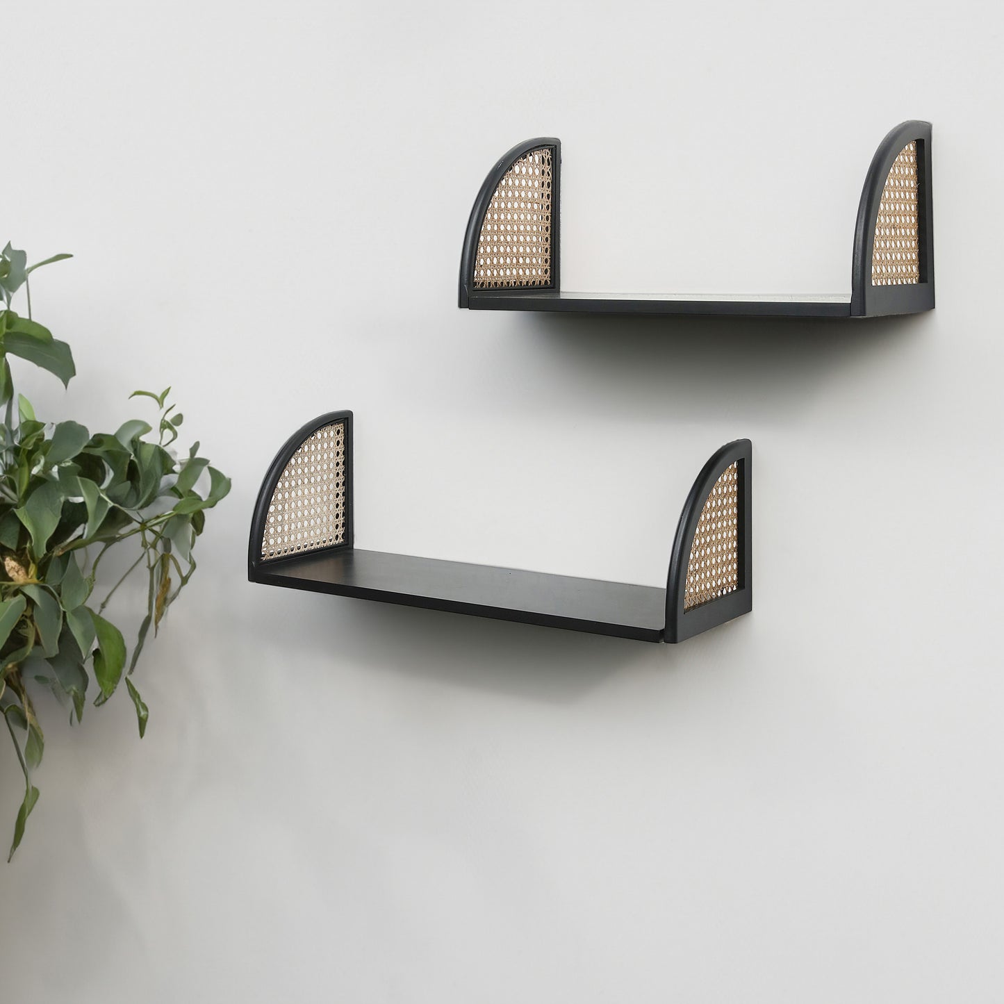 Wall Shelf with Rattan and Wood, Set of 2