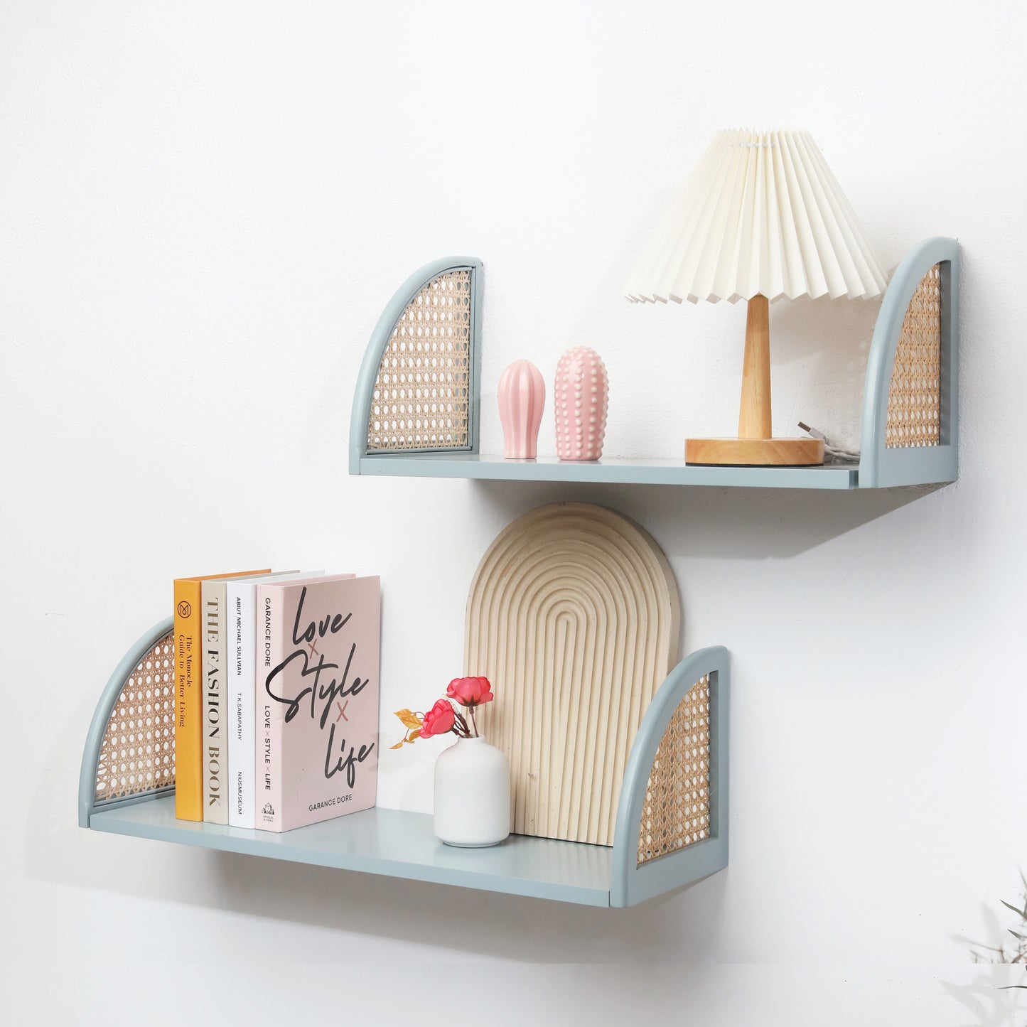 Wall Shelf with Rattan and Wood, Set of 2