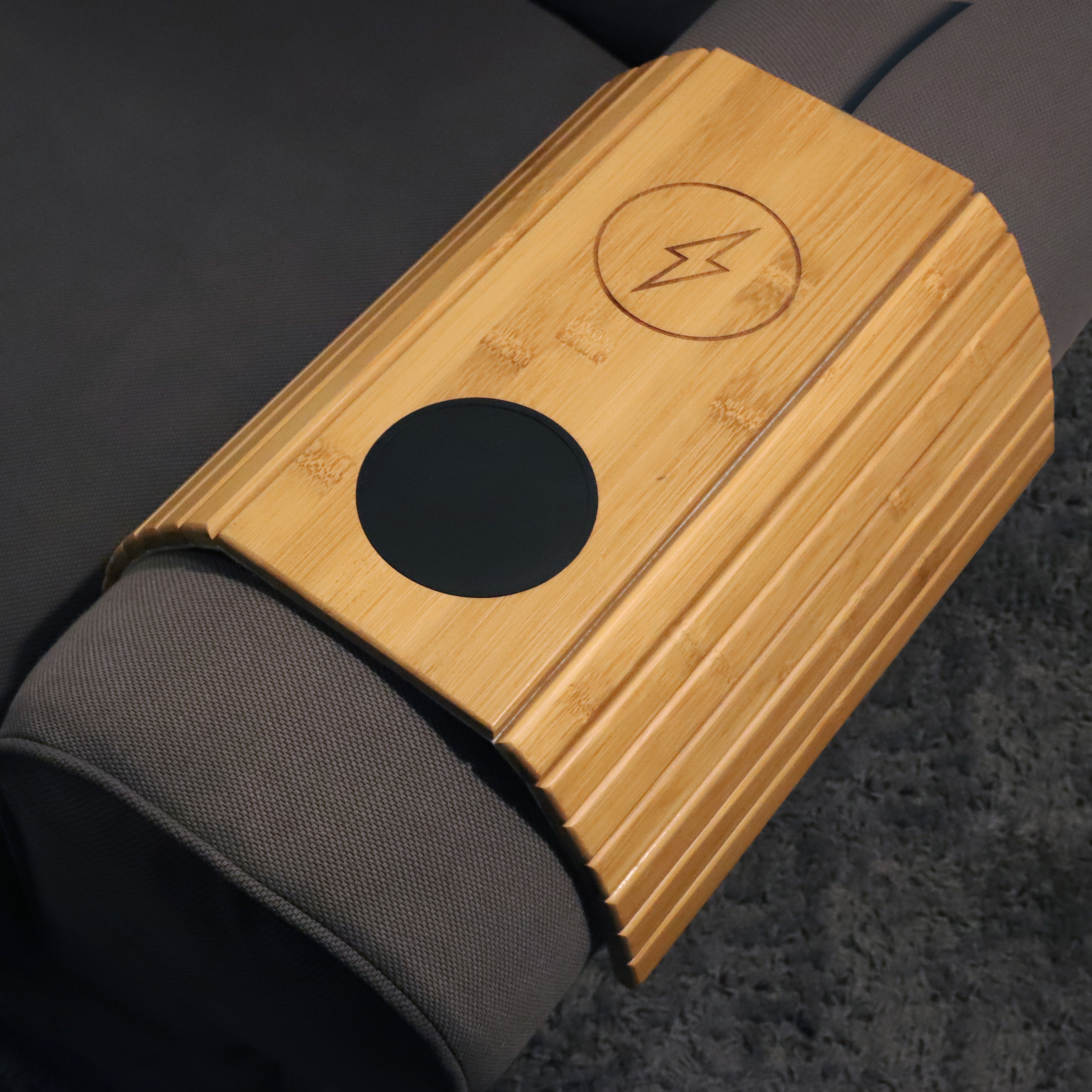 Bamboo Sofa Armrest Tray with Wireless Charging and Non Slip