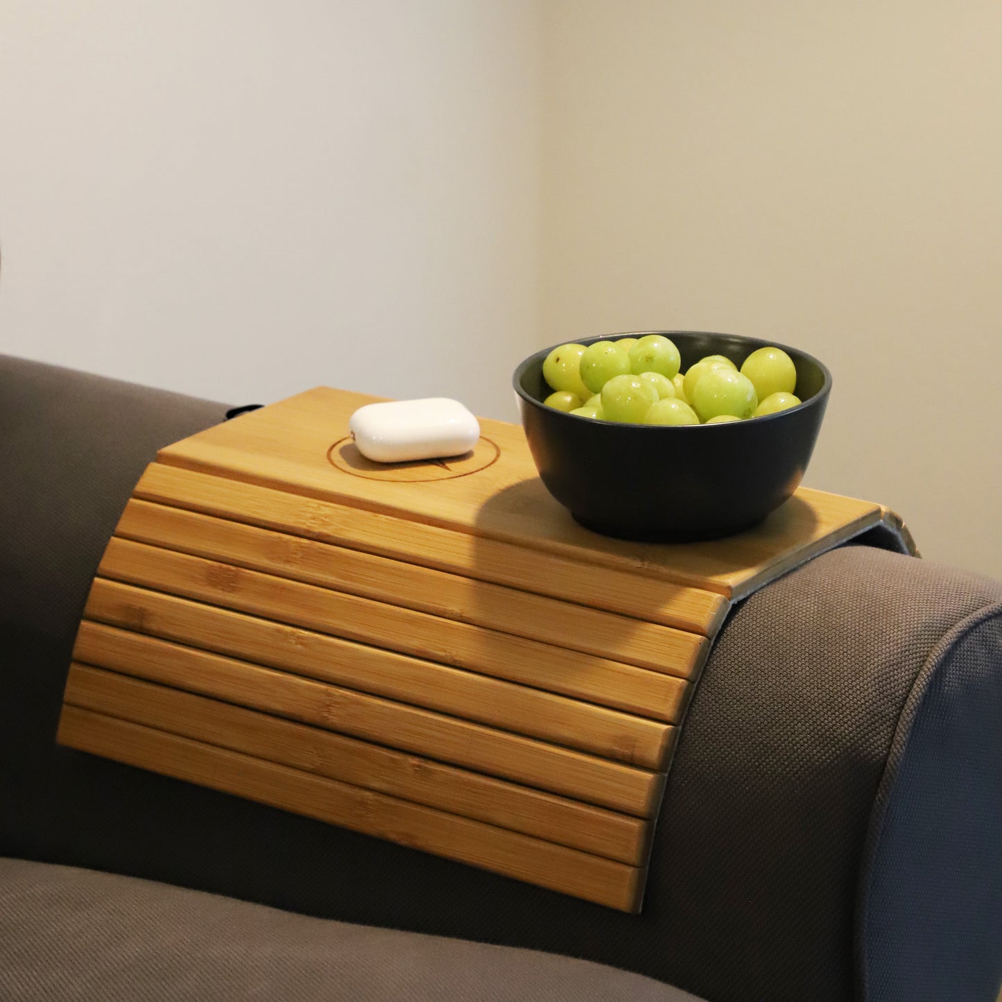 Bamboo Sofa Armrest Tray with Wireless Charging and Non-Slip Coaster