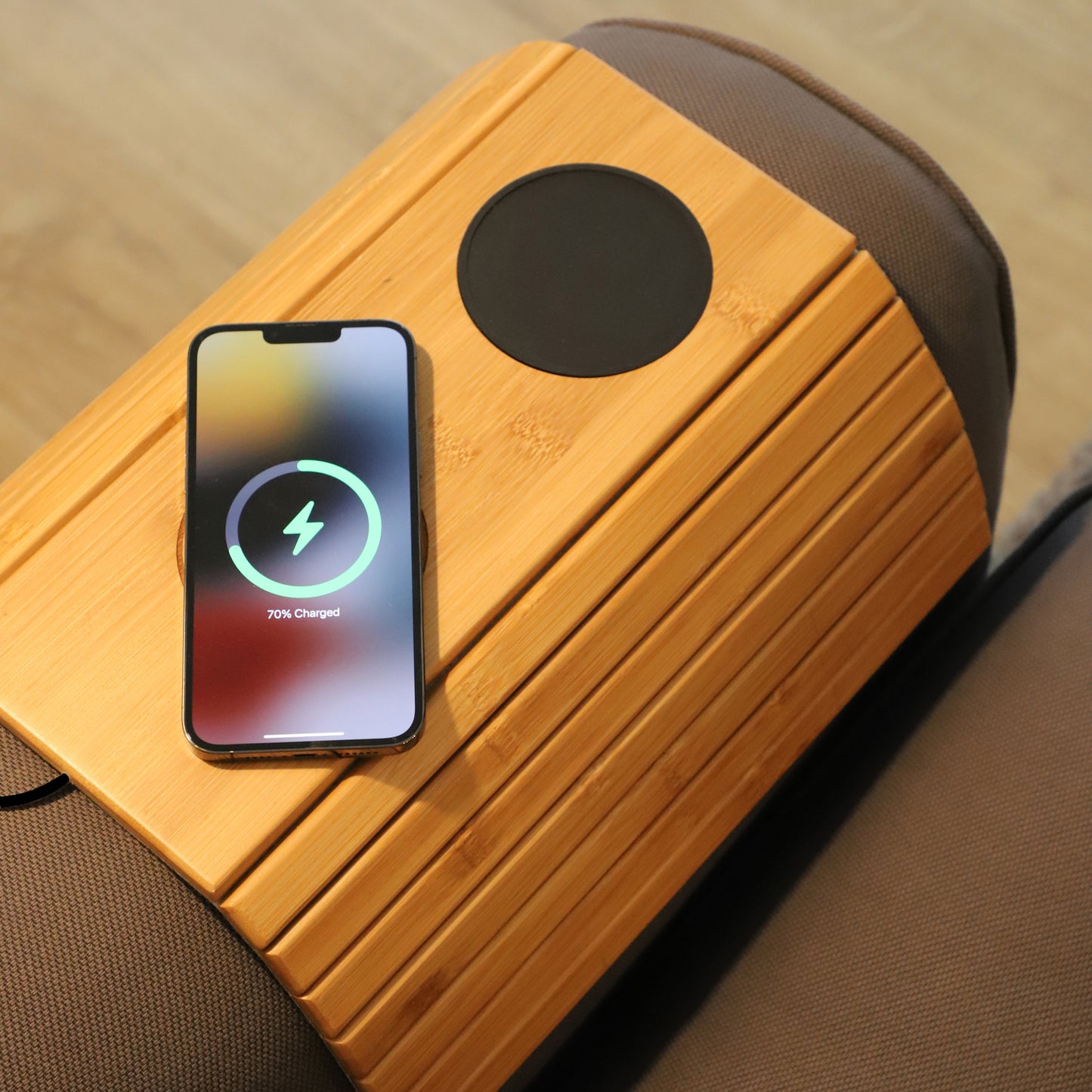 Bamboo Sofa Armrest Tray with Wireless Charging and Non-Slip Coaster