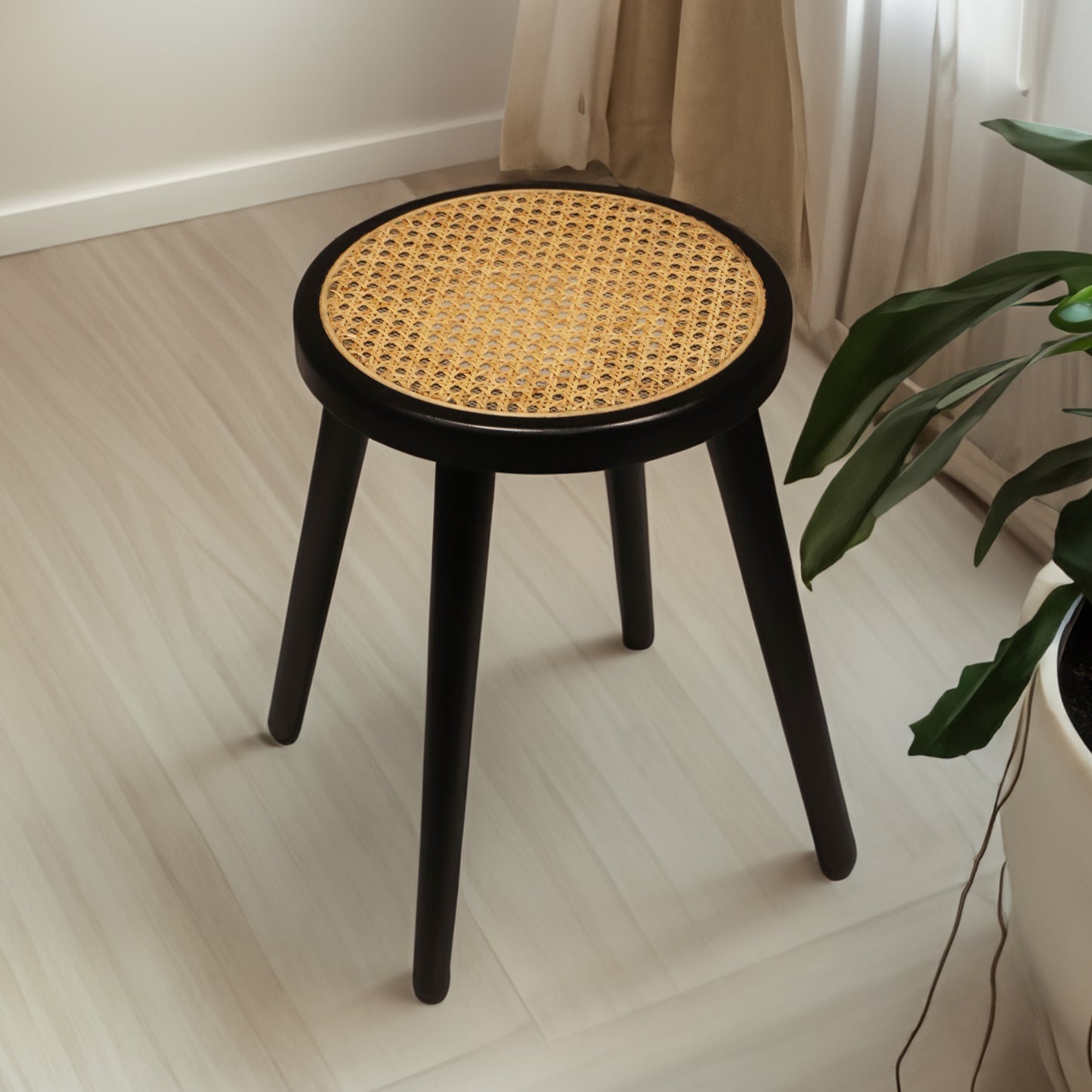 Natural Rattan Top Wood Stool, Round