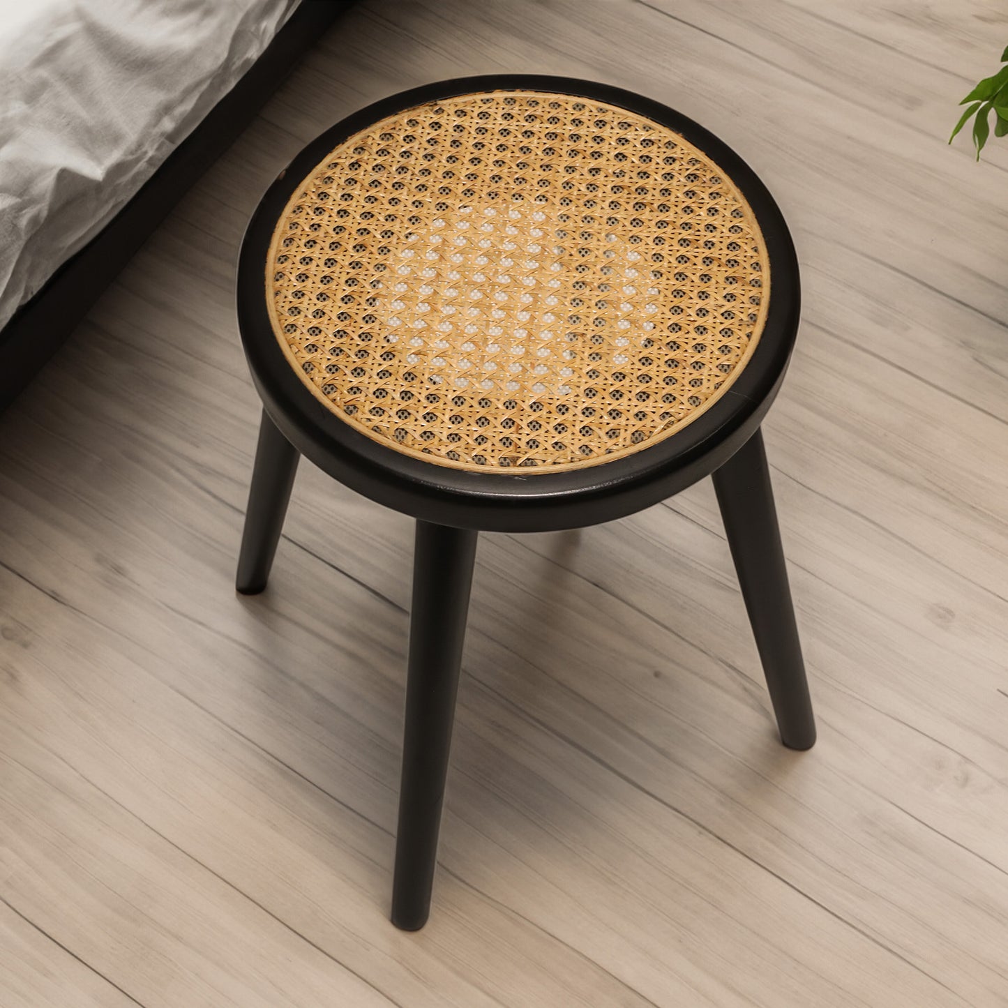 Natural Rattan Top Wood Stool, Round