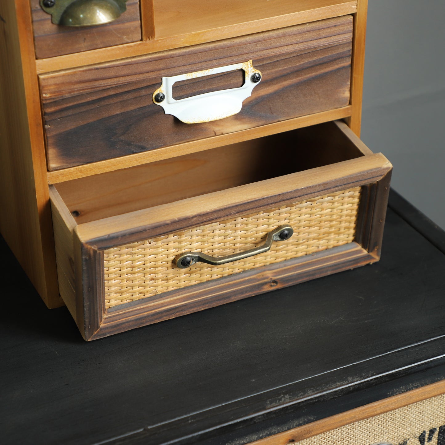 Rustic Desktop or Wall Mount Organizer Box with Rattan Panel and Metal Handle