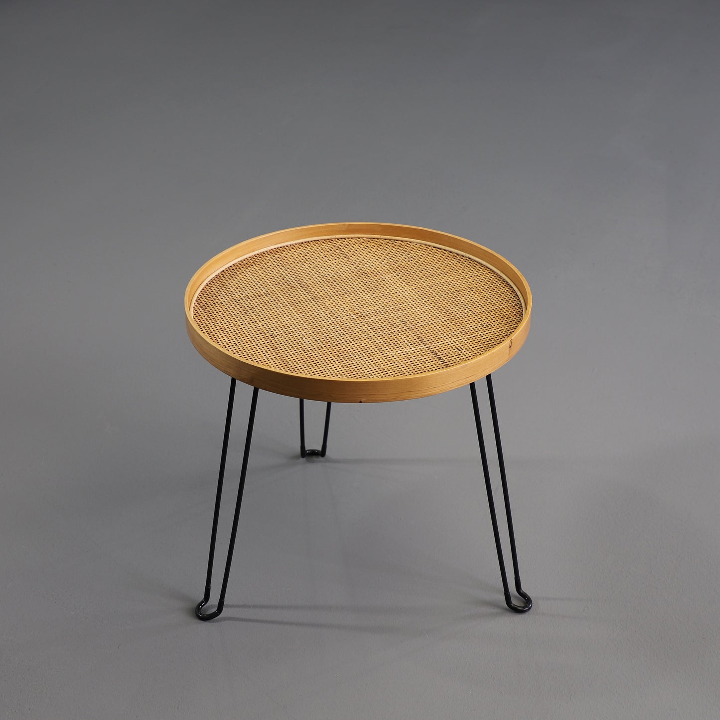 Round Wood and Rattan Side Table