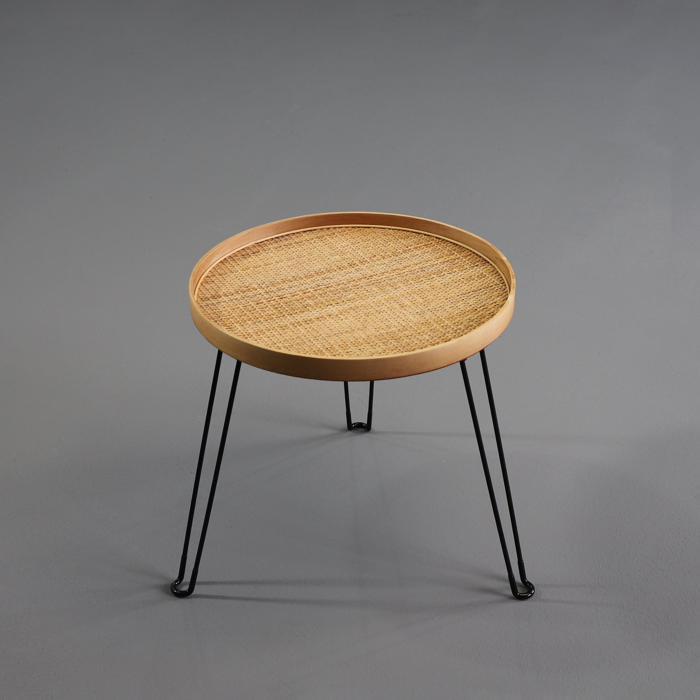 Round Wood and Rattan Side Table