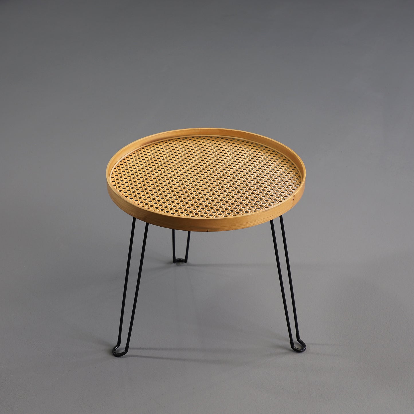 Round Wood and Rattan Side Table