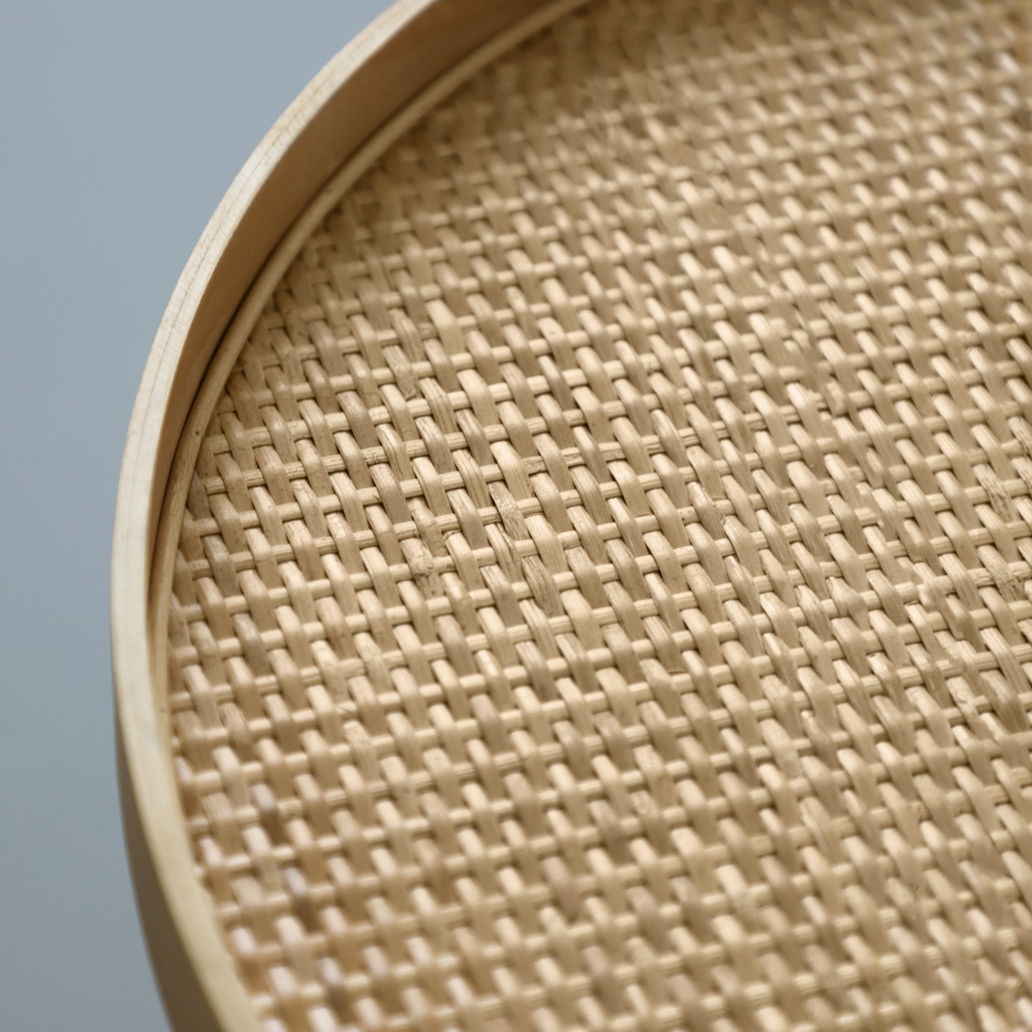 Round Wood and Rattan Side Table