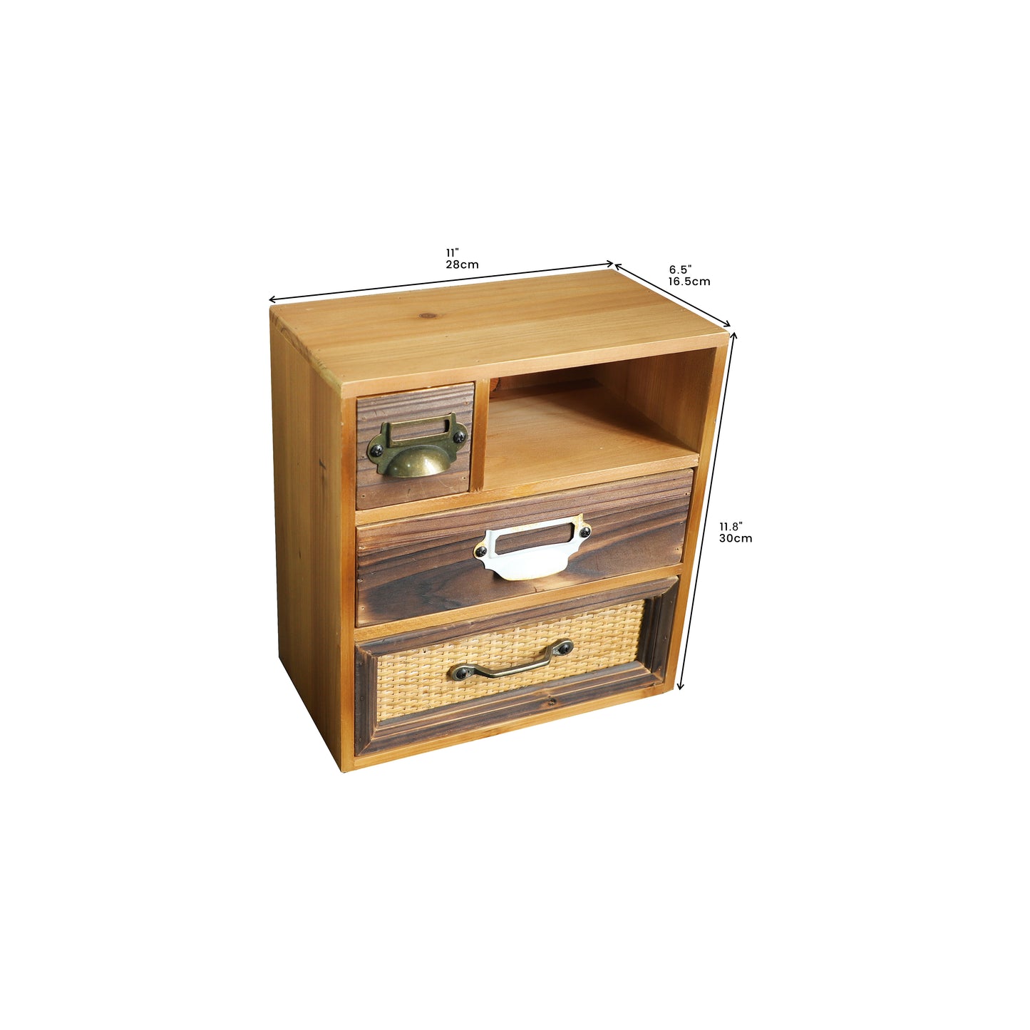 Rustic Desktop or Wall Mount Organizer Box with Rattan Panel and Metal Handle